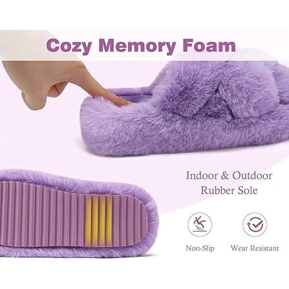 Fluff Slippers, Open Toe Faux Fur Fuzzy Slides, Comfort Arch Support, Purple, 9 - Picture 5 of 6